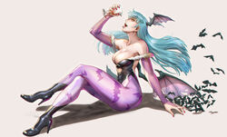  animal_print azasuke bare_shoulders bat_(animal) bat_print bat_wings black_footwear black_leotard blue_hair breasts cleavage clothing_cutout cup demon_girl female from_side head_wings heart_cutout high_heels highres large_breasts legs leotard light_blue_hair long_hair looking_at_viewer low_wings morrigan_aensland nail_polish on_floor pantyhose pink_nails print_pantyhose purple_pantyhose purple_wings shadow solo teeth tongue tongue_out upper_teeth_only vampire_(game) white_background wings yellow_eyes 