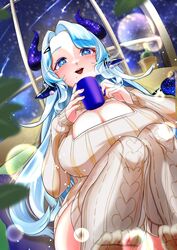  akimoto8 alternate_costume animal_ears blue_eyes blue_hair blue_horns blue_pupils blurry blurry_background blurry_foreground blush breasts bright_pupils cleavage commission cow_girl cow_tail cup dutch_angle english_commentary feet_out_of_frame female hair_ornament hairclip holding holding_cup horns huge_breasts indie_virtual_youtuber leaf long_hair long_sleeves looking_at_viewer miilkywayz mole mole_under_eye mole_under_mouth mug night night_sky no_shoes open_mouth plant plump potted_plant ribbed_sweater shooting_star sitting skeb_commission sky sleeves_past_wrists solo star-shaped_pupils star_(sky) star_(symbol) starry_sky_print straight-on sweater symbol-shaped_pupils tail thighhighs virtual_youtuber 