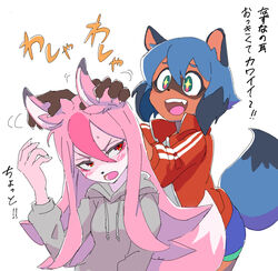  2020 annoyed anthro black_nose blue_body blue_eyes blue_fur blue_hair blush bottomwear brand_new_animal brown_body brown_fur canid canine clothed clothing duo excited female female_anthro fluffy fluffy_tail fox fully_clothed fur h0y0n hair hand_on_ear jacket japanese_text long_hair mammal michiru_kagemori nazuna_hiwatashi open_mouth pink_body pink_fur pink_hair raccoon_dog red_eyes shorts star_eyes studio_trigger sweater tail tanuki text topwear translated white_body white_fur 