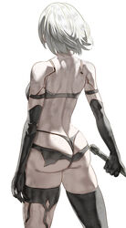  a2_(nier:automata) alternate_hair_length alternate_hairstyle armlet artist_name ass ass_focus back black_bra black_panties bra breasts commentary cowboy_shot elbow_gloves female gloves grey_hair highres holding holding_sword holding_weapon joints medium_breasts nier:automata nier_(series) panties robot_joints short_hair sidelighting simple_background single_thighhigh skirt solo standing sword thighhighs thighs thong torn_clothes torn_skirt torn_thighhighs twitter_username uenoryoma underwear weapon wedgie white_background wind 