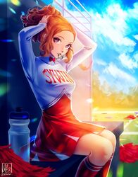  alina_l alternate_costume bottle bow breasts cheerleader cloud day english_commentary female forehead hair_behind_ear hair_tie_in_mouth highres holding holding_own_hair looking_to_the_side mouth_hold okumura_haru orange_hair orange_skirt persona persona_5 pom_pom_(cheerleading) purple_eyes red_bow short_hair skirt sky small_breasts solo tying_hair water_bottle 