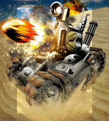  action battle blue_sky cannon caterpillar_tracks cloud commentary desert dust exhaust_pipe explosion firing gatling_gun glowing godtail gun highres machine_gun metal_slug military military_vehicle motor_vehicle muzzle_flash no_humans outdoors sand sky smoke snk sparks sv001_(metal_slug) tank tank_shell uniform vehicle_focus weapon 