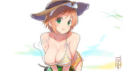  bikini bikini_top_only bomb breasts cleavage commentary_request explosive female green_eyes hachimaki hair_ornament hairclip hanabi_(senran_kagura) hat headband large_breasts leaning_forward looking_at_viewer open_mouth orange_hair senran_kagura short_hair solo straw_hat swimsuit wardrobe_malfunction yaegashi_nan 