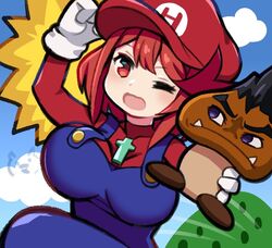  ;d arm_up blue_overalls blue_sky breasts cloud commentary_request cosplay day fangs fangs_out female gloves goomba happy hat holding large_breasts long_sleeves ma2acworks malos_(xenoblade) mario mario_(cosplay) mario_(series) one_eye_closed open_mouth outdoors overalls purple_eyes pyra_(xenoblade) red_eyes red_hair red_headwear red_shirt shirt short_hair sky smile sun swept_bangs white_gloves xenoblade_chronicles_(series) xenoblade_chronicles_2 