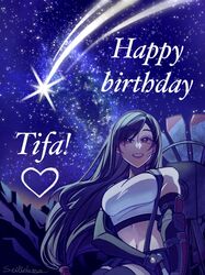  arm_guards bare_shoulders birthday black_gloves black_hair black_skirt black_thighhighs bracelet breasts character_name crop_top earrings elbow_gloves english_commentary female final_fantasy final_fantasy_vii final_fantasy_vii_remake floating_hair gloves happy_birthday heart highres jewelry large_breasts long_hair looking_at_viewer low-tied_long_hair midriff mountain navel night night_sky outdoors parted_lips red_eyes seilidare shooting_star single_earring sitting skirt sky smile solo star_(sky) starry_sky suspender_skirt suspenders swept_bangs tank_top teardrop_earrings thighhighs tifa_lockhart toned upper_body water_tower white_tank_top zettai_ryouiki 