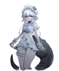  arknights blue_flower blush braid crocodilian_tail cropped_legs embarrassed feet_out_of_frame female flower head_wreath highres long_hair looking_at_viewer official_alternate_costume one-piece_swimsuit pointy_ears short_hair simple_background single_braid solo swimsuit tail thigh_strap tomimi_(arknights) tomimi_(silent_night)_(arknights) veolia waist_cutout white_background white_flower white_hair white_one-piece_swimsuit white_wrist_cuffs wrist_cuffs yellow_eyes 