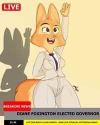  4:5 anthro blouse canid canine clothed clothing diane_foxington dreamworks eyebrows fangs female formal_clothing formal_wear fox fully_clothed greeting hi_res mammal necktie news news_report pixyfox23 simple_background smile solo suit teeth the_bad_guys thick_eyebrows topwear 