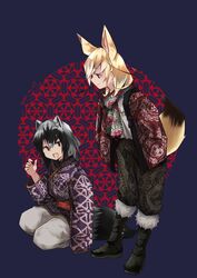  2girls alternate_costume animal_ears black_footwear black_hair black_pants blonde_hair blue_jacket boots brown_eyes commentary_request common_raccoon_(kemono_friends) dated extra_ears fennec_(kemono_friends) fox_ears fox_girl fox_tail fur_trim grey_hair hands_in_pockets highres jacket kemono_friends knee_boots long_sleeves multicolored_hair multiple_girls nanana_(nanana_iz) pants patterned_clothing raccoon_ears raccoon_girl raccoon_tail red_jacket tail two-tone_hair white_fur white_hair white_pants 