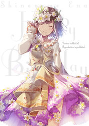  apron arm_at_side backlighting braid brown_hair character_name closed_eyes collarbone commentary_request contrapposto cowboy_shot daffodil dot_nose dress facing_viewer female floating_hair floral_print flower frilled_sleeves frills fujishino_shikino hand_in_own_hair hand_up happy happy_birthday head_wreath leaf light_blush long_sleeves mitasarenai_pale_color_(project_sekai) paintbrush partial_commentary project_sekai puffy_long_sleeves puffy_sleeves purple_dress shinonome_ena short_hair simple_background smile solo strap_slip swept_bangs twitter_username two-tone_dress white_background white_dress white_flower yellow_apron 