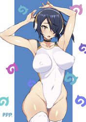  armpits arms_up ass_visible_through_thighs black_hair blue_background breasts brown_eyes commentary covered_navel covered_nipples cowboy_shot emperor_penguin_(kemono_friends) female hair_over_one_eye headphones highleg highleg_leotard highleg_swimsuit highres japari_symbol kemono_friends large_breasts leotard long_hair looking_at_viewer mordeth multicolored_hair one-piece_swimsuit solo swimsuit thigh_gap thighhighs two-tone_background white_background white_one-piece_swimsuit white_thighhighs 