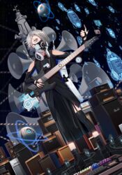  1boy absurdres ampeg amplifier bad_id bad_pixiv_id black_background black_footwear black_legwear braid brand_name_imitation cable clip_studio_paint_(medium) dive_to_zone dutch_angle effects_pedal electric_guitar garter_straps gas_mask grey_eyes grey_hair guitar guitaro_(yabasaki_taro) headphones headphones_around_neck highres holographic_interface horn_speaker instrument looking_at_viewer male_focus marshall_amplification mask orb public_address_system solo speaker 