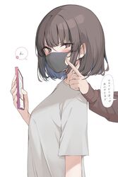  1boy angry blush brown_eyes brown_hair cellphone cheek_poking commentary female from_side highres holding holding_phone mask mouth_mask original phone poking shin_no_tenpii shirt short_hair simple_background smartphone solo_focus t-shirt translated upper_body white_background white_shirt 