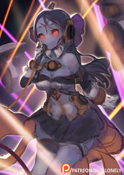  alien black_skirt blue_skin blush bow breasts bridal_garter cable cleavage colored_skin dancing detached_collar dress female gloves hairbow headphones holding holding_microphone idol medium_breasts medium_hair microphone no_nose no_pupils off-shoulder_dress off_shoulder purple_bow red_eyes sgt_lonely single_thighhigh skirt smile solid_eyes solo stage stage_lights t&#039;au thighhighs unfinished warhammer_40k white_gloves white_thighhighs wireless_headphones 