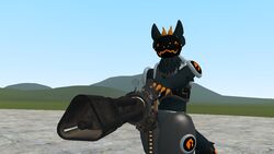  16:9 ambiguous_gender anthro big_gun gau-19 gun machine protogen ranged_weapon smile solo weapon widescreen 