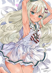  armpits artist_name bed_sheet blush bow commentary_request dress female grecale_(kancolle) hairbow heart highres kantai_collection looking_at_viewer mizuta_kenji neckerchief one-hour_drawing_challenge pink_bow sailor_collar sailor_dress signature sleeveless sleeveless_dress solo tongue tongue_out twitter_username white_dress white_sailor_collar 