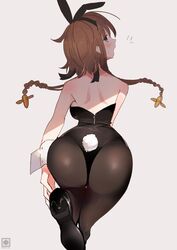  adjusting_clothes adjusting_legwear animal_ears ass bad_id bad_twitter_id blue_eyes blush braid breasts brown_hair fake_animal_ears fake_tail female fujiyama_ichiha grey_background hair_ornament high_heels highres kantai_collection large_breasts leg_up leotard long_hair looking_back open_mouth pantyhose playboy_bunny propeller_hair_ornament rabbit_ears simple_background solo tail teruzuki_(kancolle) twin_braids 