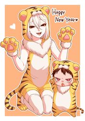  2boys absurdres ahoge androgynous animal_costume animal_hands animal_hood animal_print black_eyes black_hair bob_cut cat_feet cat_hood cat_paws double-parted_bangs fake_tail fangs full_body hair_between_eyes happy_new_year highres hood hoodie kneeling looking_at_viewer medium_hair multiple_boys no_eyebrows ohayousan_084 open_mouth original otoko_no_ko pale_skin parted_bangs pointy_ears purple_eyes raoul_(ohayousan_084) rose_(ohayousan_084) short_hair simple_background sleeveless spiked_hair tail tiger_costume tiger_print vampire white_hair yellow_footwear yellow_hoodie yellow_unitard 