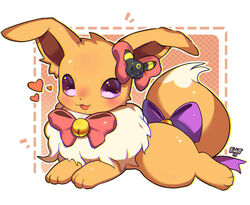  accessory bell better_version_at_source bow_tie brown_body brown_fur compression_artifacts dipstick_tail eevee fan_character female feral foxlett fur hair_accessory hair_ribbon hairbow lying multicolored_tail nintendo on_front open_mouth pok&eacute;mon_(species) pokemon purple_eyes ribbons simple_background smile solo tail_bow tail_ribbon video_games 