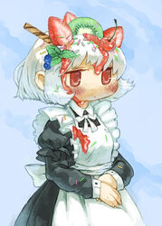  apron blue_background blueberry blush cherry female food food_on_face food_on_head frilled_apron frills fruit fruit_on_head juliet_sleeves kezuru kiwi_slice leaf long_sleeves maid_apron object_on_head original puffy_sleeves red_eyes short_hair solo sprinkles strawberry upper_body white_hair 