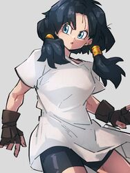  :o bike_shorts black_hair blue_eyes brown_gloves commentary_request dragon_ball dragon_ball_z female gloves grey_background kemachiku looking_to_the_side shirt short_sleeves simple_background t-shirt twintails videl white_shirt 