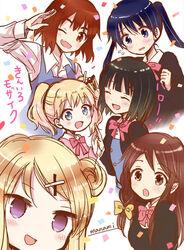  6+girls :d ;d alice_cartelet black_hair black_jacket black_sweater blonde_hair blue_eyes blue_hair blue_vest blush bob_cut bow brown_eyes closed_eyes collared_shirt commentary confetti copyright_name eyebrows_visible_through_hair hair_bun hair_ornament hairbow hairclip hands_together inokuma_youko jacket kin-iro_mosaic komichi_aya kujou_karen long_hair looking_at_another looking_at_viewer matsubara_honoka multiple_girls oerba_yun_fang one_eye_closed oomiya_shinobu open_mouth pink_bow pink_jacket purple_eyes red_hair school_uniform shirt signature smile sugano_manami sweater translated twintails vest white_background white_shirt x_hair_ornament yellow_bow |d 