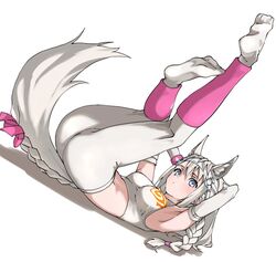  animal_ears arms_behind_head blue_eyes blush bow braid braided_tail commentary elbow_gloves extra_ears female gloves hairbow headgear highres horse_ears horse_girl horse_tail kemono_friends leg_warmers legs_up long_hair lying midriff no_shoes on_back pantyhose pink_bow pink_leg_warmers sleeveless solo sports_bra sportswear tail tail_bow tail_ornament tanabe_(fueisei) white_gloves white_hair white_pantyhose white_sports_bra white_thoroughbred_(kemono_friends) 