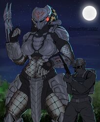  2022 alien anthro armor backpack biped boob_armor breast_armor breastplate claw_(weapon) clawed_vambrace claws clothing digital_media_(artwork) duo female fingerless_gloves fishnet_clothing full_moon gloves grey_body grey_skin handwear headgear helmet hi_res human larger_female male mammal melee_weapon moon muscular muscular_female outside pauldron predator_(franchise) runawaystride shoulder_cannon silencer size_difference sky smaller_male tassets vambrace weapon wrist_computer yautja 