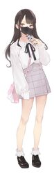  ama_mitsuki bag bare_legs brown_hair cellphone commentary female full_body handbag high-waist_skirt highres holding long_hair mask mouth_mask original phone puffy_sleeves skirt sleeves_past_wrists smartphone solo standing white_background 