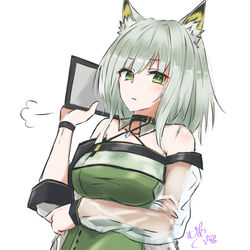  animal_ear_fluff animal_ears arknights bare_shoulders cat_ears clipboard closed_mouth commentary_request detached_collar dress female green_dress green_eyes green_hair hand_up highres holding holding_clipboard kal&#039;tsit_(arknights) maiq06 material_growth off-shoulder_dress off_shoulder oripathy_lesion_(arknights) see-through see-through_sleeves short_hair_with_long_locks solo upper_body white_background 