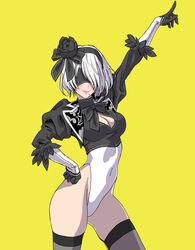  2b_(nier:automata) absurdres alternate_costume arm_up black_blindfold black_flower black_rose black_thighhighs blindfold bow bowtie breasts cleavage cleavage_cutout clothing_cutout commentary_request covered_eyes cropped_jacket dancing feather_trim female flower gloves hairband hairbow hand_on_own_hip highleg highleg_leotard highres leotard lips long_sleeves medium_breasts mole mole_under_mouth nier:automata nier_(series) pointing pointing_up puffy_sleeves rose saturday_night_fever short_hair simple_background solo thighhighs thighs white_hair yamashita_shun&#039;ya yellow_background 