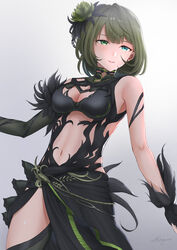  asymmetrical_gloves bare_shoulders black_dress black_gloves black_thighhighs blue_eyes blush breasts cleavage commentary_request cowboy_shot dress elbow_gloves female flower gloves green_eyes green_hair hair_flower hair_ornament heterochromia highres idolmaster idolmaster_cinderella_girls idolmaster_cinderella_girls_starlight_stage looking_to_the_side medium_breasts midriff mole mole_under_eye navel parted_lips short_hair shougun_(chuckni1) sidelocks signature simple_background single_elbow_glove smile solo standing takagaki_kaede thighhighs uneven_gloves white_background 