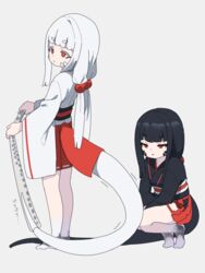  2girls :o black_hair black_kimono blunt_bangs closed_mouth commentary grey_background highres japanese_clothes kimono kuro_kosyou long_hair long_sleeves low_twintails multiple_girls obi original parted_lips pleated_skirt red_eyes red_skirt sash scales shadow shedding shedding_skin short_eyebrows skirt squatting standing tail thick_eyebrows translated trembling twintails very_long_hair white_hair white_kimono wide_sleeves 