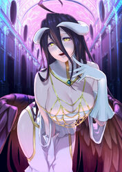  ahoge albedo_(overlord) bending black_hair breasts cleavage collar commentary demon_girl demon_horns demon_wings detached_collar dress feathered_wings female gloves gradient_wings hair_between_eyes hip_vent horns indoors large_breasts long_hair looking_at_viewer low_wings multicolored_background multicolored_wings open_mouth overlord_(maruyama) photo-referenced ryohhe slit_pupils smile solo white_collar white_dress white_gloves white_horns wings yellow_eyes 