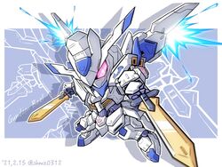  dual_wielding glowing glowing_eye gundam gundam_bael gundam_tekketsu_no_orphans holding holding_sword holding_weapon mecha mechanical_wings mobile_suit no_humans pink_eyes robot science_fiction shokkaa_(shmz61312) solo sword v-fin weapon wings 