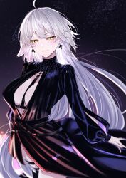  ahoge black_dress blush breasts center_opening cleavage dress earrings fate/grand_order fate_(series) female grey_hair highres jeanne_d&#039;arc_alter_(avenger)_(fate) jeanne_d&#039;arc_alter_(fate) jewelry large_breasts long_hair long_sleeves night night_sky ri_o_ne_su sky solo very_long_hair yellow_eyes 