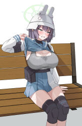  absurdres animal_ear_headwear animal_ears aqua_eyes blue_archive blue_hair blue_shirt blue_skirt blush breasts cleavage clenched_teeth clothes_lift commentary_request dolce_(user_gghc3572) fake_animal_ears female grey_sports_bra halo hard_hat hat helmet highres knee_pads large_breasts lifting_own_clothes long_sleeves looking_to_the_side on_bench paid_reward_available pleated_skirt rabbit_ears saki_(blue_archive) shirt shirt_lift short_hair simple_background skirt solo sports_bra steaming_body sweat teeth thighs v-shaped_eyebrows white_background white_hat yellow_halo 