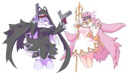  2girls angewomon animal_hood black_dress black_veil blonde_hair bridal_veil cat_hood colored_skin cosplay covered_eyes digimon digimon_(creature) dress dual_wielding gerusyu grey_skin gun habit hands_up helmet highres holding holding_gun holding_trident holding_weapon hood ladydevimon long_hair long_sleeves long_veil mask multiple_girls nun pink_veil red_eyes short_dress sistermon_blanc sistermon_blanc_(cosplay) sistermon_noir sistermon_noir_(cosplay) smile solid_eyes veil weapon white_dress white_hair winged_helmet 