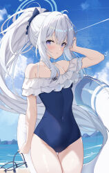  :o absurdres ahoge bag bare_shoulders blue_archive blue_bow blue_halo blue_one-piece_swimsuit blue_sky blush bow breasts casual_one-piece_swimsuit cloud commentary_request covered_navel cowboy_shot crossed_bangs day diffraction_spikes female floating_hair frilled_one-piece_swimsuit frills grey_hair hair_between_eyes hairbow halo hand_up highres holding holding_bag innertube legs_together long_hair looking_at_viewer miyako_(blue_archive) miyako_(swimsuit)_(blue_archive) ocean off-shoulder_one-piece_swimsuit off_shoulder official_alternate_costume one-piece_swimsuit outdoors parted_lips ponytail pu_ht purple_eyes revision sky small_breasts solo standing swim_ring swimsuit thigh_gap very_long_hair water 