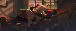  a2_(nier:automata) android black_gloves black_thighhighs breasts broken_window chanc030 couch elbow_gloves evening female flower from_side full_body gloves high_heels highres holding holding_flower indoors joints light_particles lunar_tear nier:automata nier_(series) on_couch orange_sky profile robot_joints short_hair sitting sky skyline solo thighhighs white_flower white_hair window 