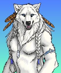  accessory anthro black_nose blue_eyes braided_hair canid canine canis crystal crystal_necklace digital_drawing_(artwork) digital_media_(artwork) feather_in_hair feathers fur goldenwolf gradient_background hair hair_accessory half-length_portrait looking_at_viewer low_res male mammal nude open_mouth pecs pink_tongue portrait shaded simple_background solo teeth tongue tribal white_body white_fur white_hair wolf 