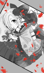  bare_shoulders blood_drop bow choker earrings female flower greyscale hair_over_one_eye highres holding holding_microphone idolmaster idolmaster_cinderella_girls jewelry kotori-nyoni microphone monochrome open_mouth photo_(object) red_petals shirasaka_koume short_hair skull_earrings solo spot_color wide_sleeves 