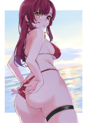  absurdres adjusting_clothes adjusting_swimsuit ass bikini blush border breasts closed_mouth cloud commentary_request day earrings female hair_down halterneck heart heart_earrings heterochromia highres hololive houshou_marine houshou_marine_(summer) jewelry large_breasts long_hair looking_at_viewer looking_back ocean official_alternate_costume outdoors red_bikini red_eyes red_hair sideboob solo string_bikini sunset swimsuit thigh_strap ululumuu virtual_youtuber wet wet_hair white_border yellow_eyes 