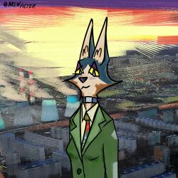  15_(brewfilter) 1:1 2024 anthro blue_body blue_eyes blue_fur brewfilter canid canine canis clothed clothing collar digital_drawing_(artwork) digital_media_(artwork) disco_elysium female fox fur grey_fox harrier_du_bois hi_res inner_ear_fluff looking_at_viewer mammal multicolored_body multicolored_fur necktie orange_body orange_fur photo_background photography_(artwork) solo topwear tuft urocyon yellow_sclera 