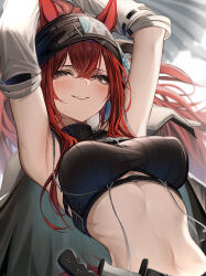  absurdres arknights armpits arms_up blush breasts brown_eyes commentary_request crossed_bangs detached_sleeves female hair_between_eyes highres long_hair looking_at_viewer medium_breasts midriff narantuya_(arknights) navel red_hair sleeveless smile solo tab_head upper_body 