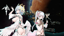  2girls angel_wings axolotl_ears axolotl_tail black_panties breasts detached_sleeves drone exoskeleton flower grey_hair hair_flower hair_ornament halo highres large_breasts light_trail long_sleeves low_wings milira_(rimworld) moelotl multiple_girls orange_eyes panties pink_eyes planet pointy_ears ponytail rimworld robot sarong short_hair short_sleeves side-tie_panties sideboob space spacecraft stmast tail thong underwear white_hair white_sarong wings yellow_halo 