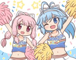  :d ;d antenna_hair arm_up bad_id bad_twitter_id bare_shoulders blue_eyes blue_hair blue_shirt breasts cheering cheerleader clothes_writing commentary_request confetti cowboy_shot cropped_shirt flat_chest hair_ribbon hairband hand_on_own_hip holding holding_pom_poms long_hair looking_at_viewer magia_record:_mahou_shoujo_madoka_magica_gaiden mahou_shoujo_madoka_magica matching_outfits medium_breasts midriff multi-tied_hair one_eye_closed open_mouth outstretched_arm pink_eyes pink_hair pleated_skirt pom_pom_(cheerleading) ponytail print_shirt reverse_(bluefencer) ribbon shirt sidelocks skirt smile star_(symbol) tamaki_ui utsuho_natsuki white_hairband white_skirt 