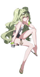  absurdres aqua_eyes black_one-piece_swimsuit bracelet chinese_commentary female flip-flops full_body goggles goggles_on_head green_bracelet green_footwear green_hair head_rest highres honkai_(series) honkai_impact_3rd jewelry knee_up looking_at_viewer mobius_(honkai_impact) official_alternate_costume official_art one-piece_swimsuit pink_eyes sandals simple_background sitting smile solo swimsuit sylvia_(huajiuhuajiu) tachi-e twintails two-tone_eyes white_background 