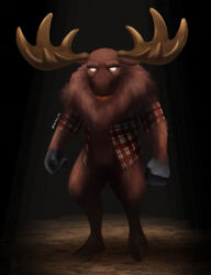  2021 anthro antlers beard big_antlers black_background black_hooves bottomless brown_body brown_fur brown_tuft clothed clothing colored deer detailed detailed_fur dirt don&#039;t_starve ears_down facial_hair featureless_crotch fingers fluffy fur glowing glowing_eyes harko_hz hi_res hooved_fingers hooves horn klei_entertainment light lighting looking_at_viewer male mammal moose mostly_nude neck_tuft new_world_deer no_pupils open_clothing open_shirt open_topwear orange_beard orange_facial_hair pivoted_ears shaded shadow shirt shirt_only signature simple_background solo standing thick_thighs topwear topwear_only tuft were weredeer weremoose werenew_world_deer woodie_(don&#039;t_starve) yellow_antlers 