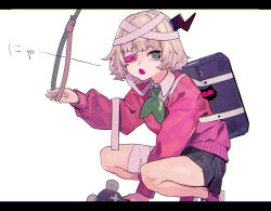  bag bandaged_head bandages black_skirt blue_bag collared_shirt commentary_request eyepatch female green_eyes letterboxed long_sleeves looking_at_viewer miniskirt noose open_mouth phone pink_footwear pink_sweater pleated_skirt ruru_(shinsei_kamattechan) school_bag shinsei_kamattechan shirt shoes short_hair skirt solo squatting stuffed_animal stuffed_mouse stuffed_toy sweater translation_request u_tnmn white_background white_shirt 