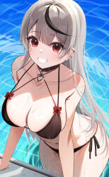  absurdres bare_shoulders bikini black_bikini black_collar black_hair blush breasts collar female grey_hair heart_collar heart_pendant highres hololive large_breasts long_hair looking_at_viewer mogmog_megmog multicolored_hair navel outdoors pendant_collar piercing poolside red_eyes sakamata_chloe smile solo streaked_hair swimsuit teeth virtual_youtuber wading 